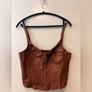 Guess Brown Faux Leather Zip Front Bustier Tank